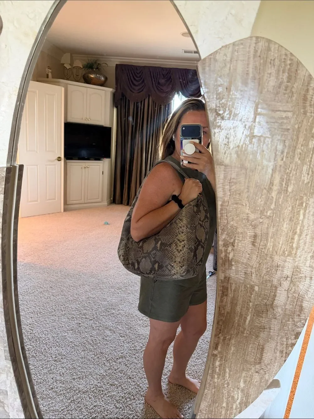 Michael Kors Brown Taupe Snake-Print Shoulder Bag with Gold MK Accent